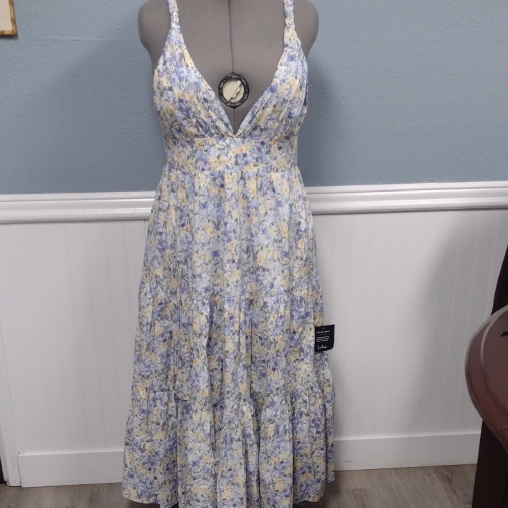 NEW Lulu's Blue and White Ruffled Tiered Maxi Dress